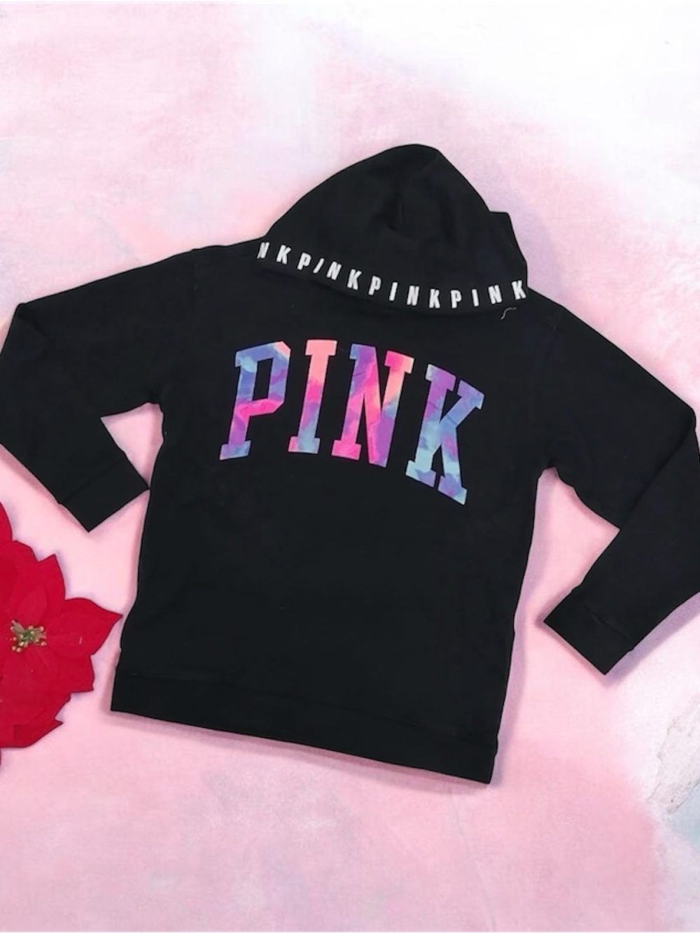 Rare VS PINK Black Watercolor Spellout Hoodie Size L